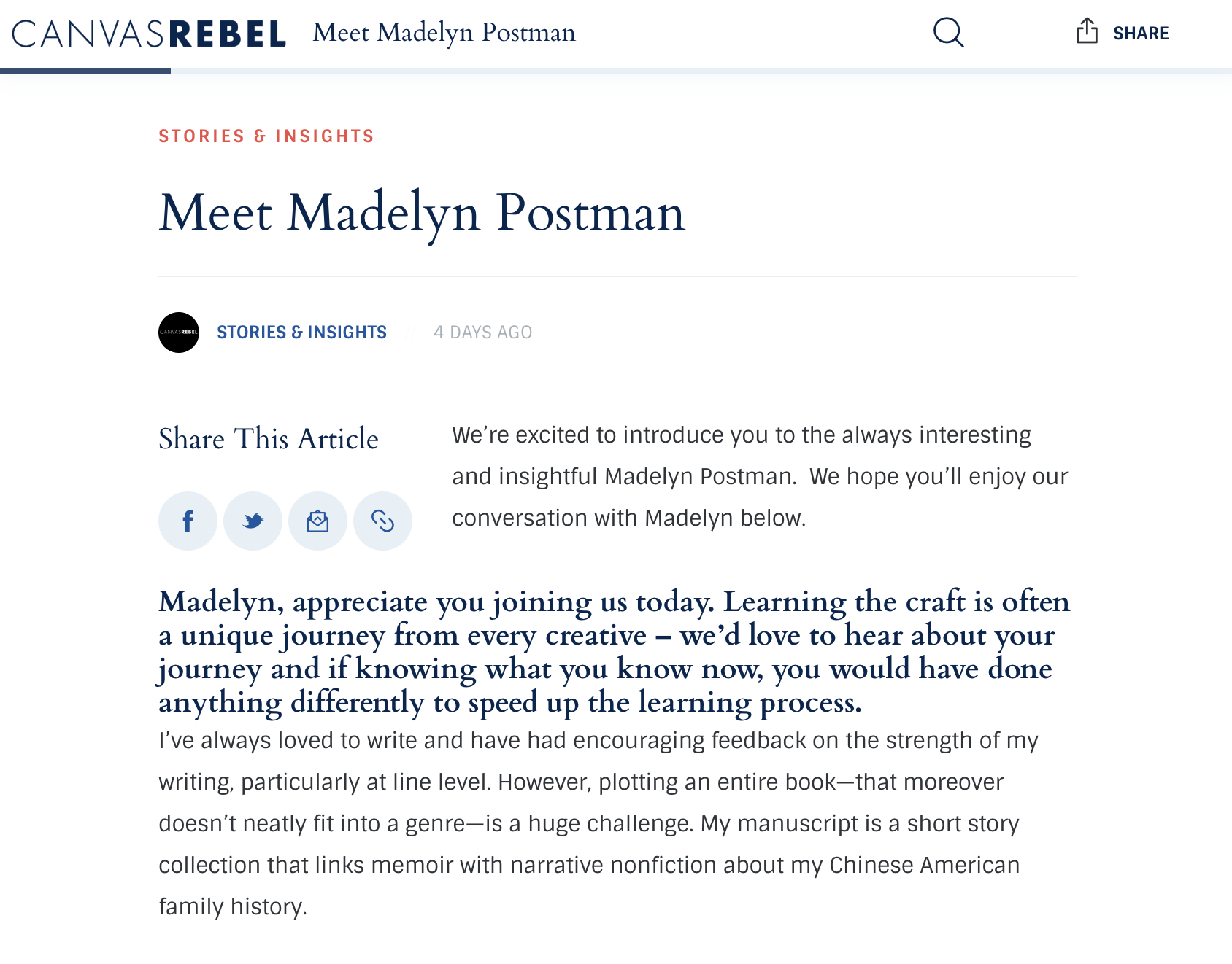 CanvasRebel article "Meet Madelyn Postman"